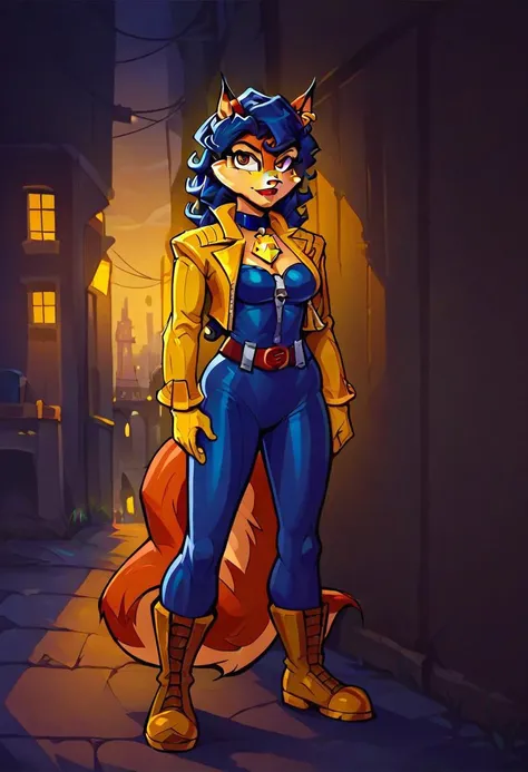 score_9, score_8_up, score_7_up, source_furry, zPDXL2, ((masterpiece)), best quality, (close up face:1.2, face focus), female, 1girl, solo, Carmelita Fox, dark blue choker, INTERPOL badge, dark yellow leather jacket, zipped-up dark blue tube top, golden-yellow gloves, tight-fitting dark blue leggings, reddish-brown belt, dark brown combat boots, looking at viewer, seductive smile, half-closed eyes, outdoors, city, dark back alley, nighttime, dimly lit, standing, OverallDetail,
