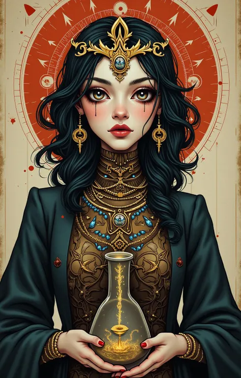 Surreal Alchemist, An female character portrait, master alchemist, alchemical symbols, by Russ Mills