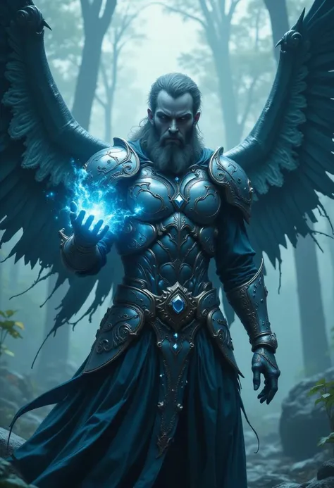 Cinematic style, Realistic, Photorealistic, Chiaroscuro, Beauty, High Quality,
“Create an image of a mystical angel in armor with large, detailed wings and glowing energy emanating from his hands. The armor should be ornate, with silver and blue tones, with elegant patterns indicating royal status. The background is a misty forest, adding an ethereal quality to the composition.”