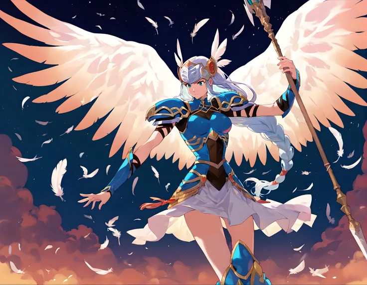 <lora:pony_xl_Lenneth:0.9>,Lenneth,score_9,score_8_up,score_7_up,source_anime,1girl,solo,valkyrie,winged helmet,blue armor,shoulder armor,pauldrons,long_skirt,feathers of light,wings of light,spread the magic wings,holding weapon,raise your hands with weapons,polearm,spear,spear of light,night,night_sky,looking_down,flying,aerial,v-shaped eyebrows,hair_flaps,outstretched_arm,arm_up,leaning_forward,knees_together_feet_apart,cowboy_shot,fantasy,