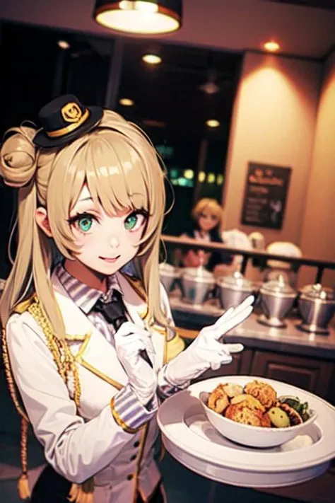 minami kotori,cosplay.long hair, blonde hair,bangs, side ponytail,single hair bun,maid uniform,maid cafe shop,