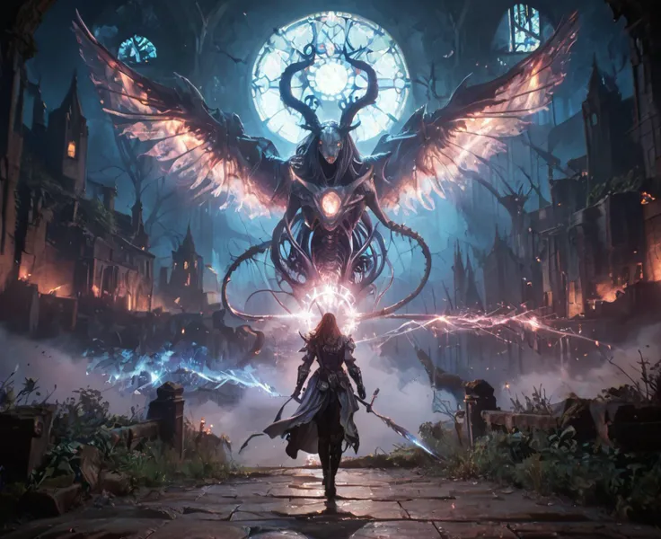 score_9, score_8_up, score_7_up, score_6_up, A cinematic shot of a female angel in radiant armor, soaring through the air with a halo of powerful yellow and silver magical sigils. She is positioned in front of a colossal chthonic spirit, covered in neon sparks, representing Hastur, an eldritch abomination. In the background, a mystic, post-apocalyptic medieval village is illuminated by the sunrise and a blue sky. The scene features high contrast and reflective lighting , Bosstyle, creating a high-resolution, photographic-quality masterpiece with raw, striking light.<lora:BossBattleSpiritPony:.8>, <lora:ArsMJStylePony_-_Art_Nouveau:.8>, zPDXLrl