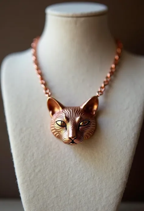 A necklace of a cat head made of a rose gold metal resting on a felt necklace holder