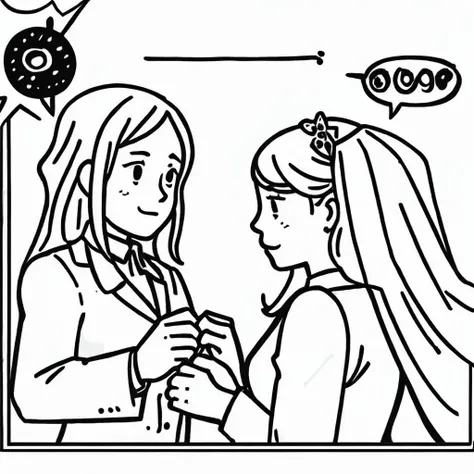 storyboard style, 2girl, getting married, wedding, monochromatic, white background, talk with each other, 1 girl with a dog, <lora:storyboard v2:0.8>