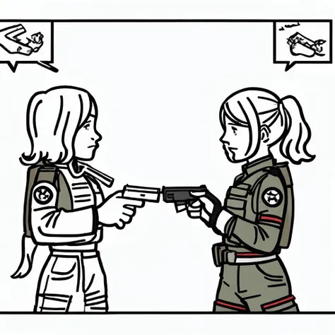 storyboard style, 2girl, fighting in a war, with guns, monochromatic, white background, talk with each other, 1 girl with a dog, <lora:storyboard v2:0.8>