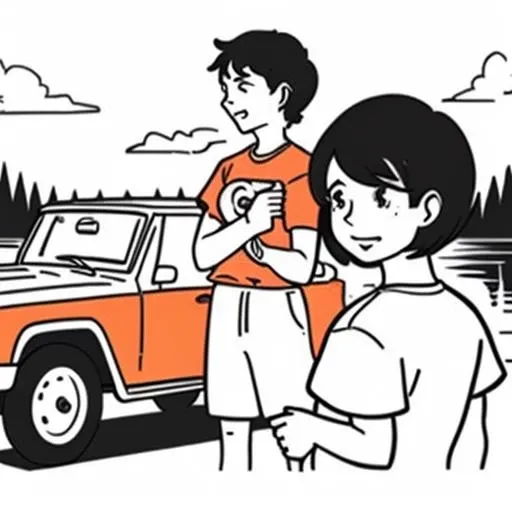 storyboard style , monochromatic
white background
1 girl and 1 boy ,black hair, short hair, orange T-shirt,
stand in front of a SUV, SUV in background, near a lake, scenery background
<lora:storyboard v2:0.8>