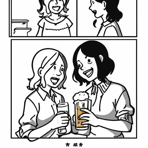 storyboard style, 2girl, drunk, drinking beer, laughing, monochromatic, white background, talk with each other, 1 girl with a dog, <lora:storyboard v2:0.8>