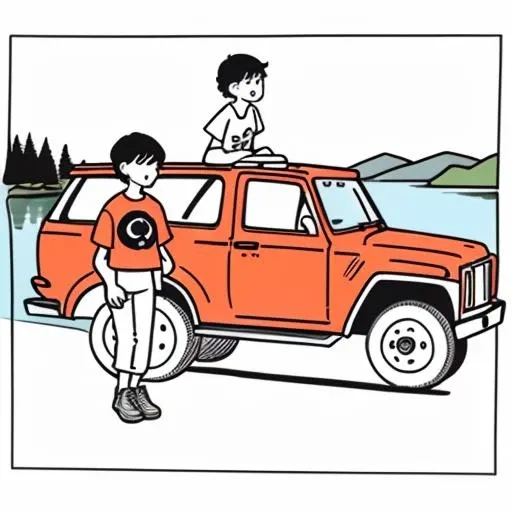 storyboard style , monochromatic
white background
1 girl and 1 boy ,black hair, short hair, orange T-shirt,
stand in front of a SUV, SUV in background, near a lake, scenery background
<lora:storyboard v2:0.8>