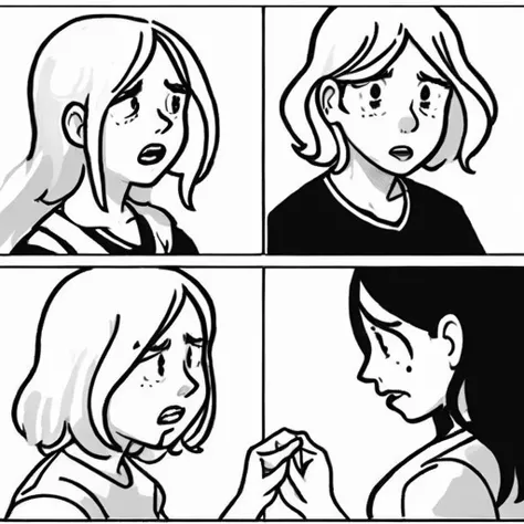 storyboard style, 2girl, arguing, mad, upset, monochromatic, white background, talk with each other, 1 girl with a dog, <lora:storyboard v2:0.8>