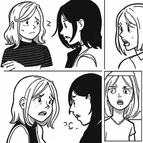 storyboard style, 2girl, arguing, mad, upset, monochromatic, white background, talk with each other, 1 girl with a dog, <lora:storyboard v2:0.8>