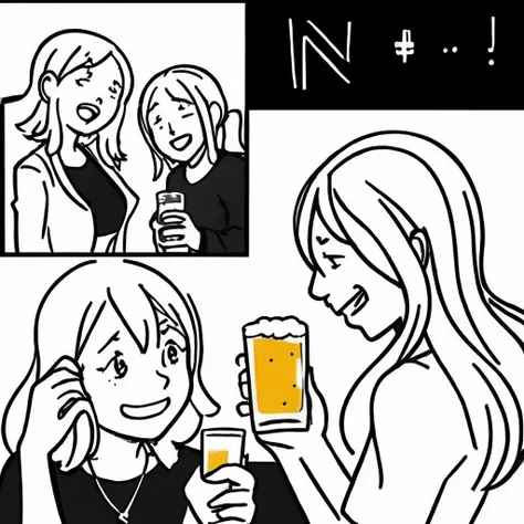 storyboard style, 2girl, drunk, drinking beer, laughing, monochromatic, white background, talk with each other, 1 girl with a dog, <lora:storyboard v2:0.8>