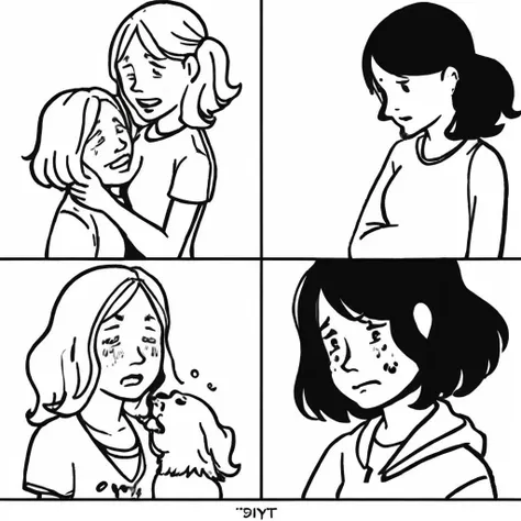 storyboard style, 2girl, talking and crying, sad, monochromatic, white background, talk with each other, 1 girl with a dog, <lora:storyboard v2:0.8>