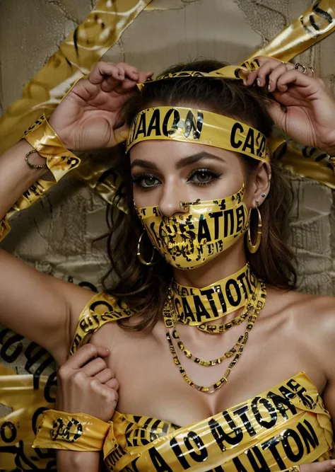 fashion photo of a woman with a necklace and earrings on covered of tape, caution tape, keep out <lora:Tape_people_SD15:0.75>