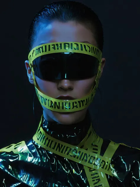 cyberpunk:0.4, futuristic:0.3, matrix-inspired:0.3, fashion editorial:0.4 , tape, <lora:Tape_people:1>