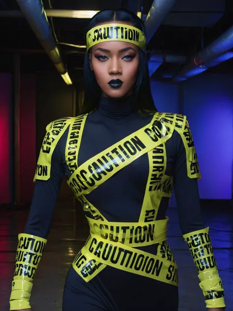 A digital diva clad in future-forward attire, her style epitomizing data-driven chic, an icon of the cyber rebellion in the fashion world. ,caution tape, keep out , <lora:Tape_people:1>