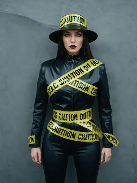 fashion photo of  a woman with a hat and a jacket covered of tape, caution tape, keep out <lora:Tape_people:0.75>