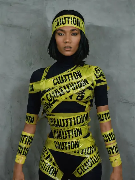 fashion photo of a person covered of tape, caution tape, keep out <lora:Tape_people:1>