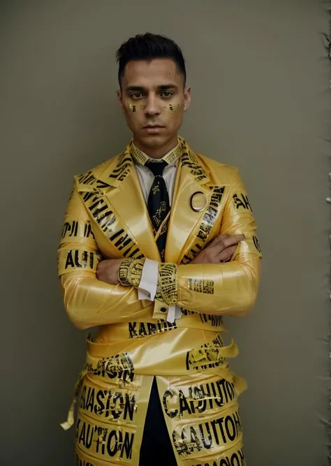 fashion photo of a man in a suit and tie standing with his hands in his pockets covered of tape, caution tape, keep out, Tape_people <lora:Tape_people_SD15:0.75>