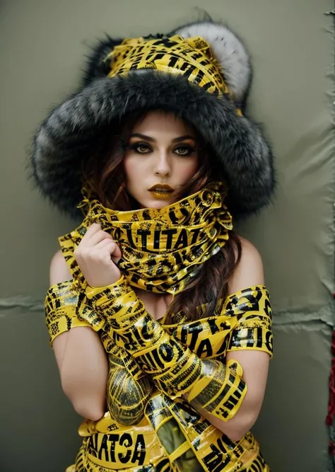 fashion photo of a woman wearing a fur hat and a scarf covered of tape, caution tape, keep out <lora:Tape_people_SD15:0.75>