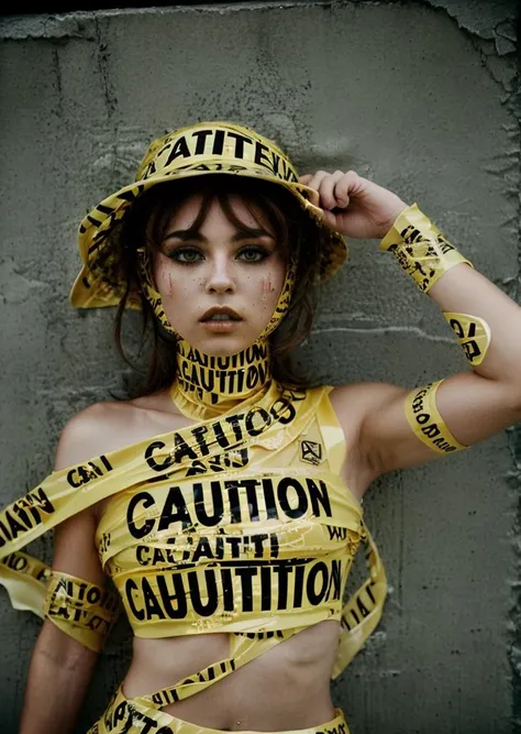 fashion photo of a woman with a hat on her head covered of tape, caution tape, keep out, Tape_people <lora:Tape_people_SD15:0.75>