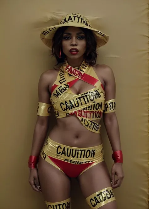 fashion photo of a woman in a red and gold outfit and a hat covered of tape, caution tape, keep out <lora:Tape_people_SD15:0.75>