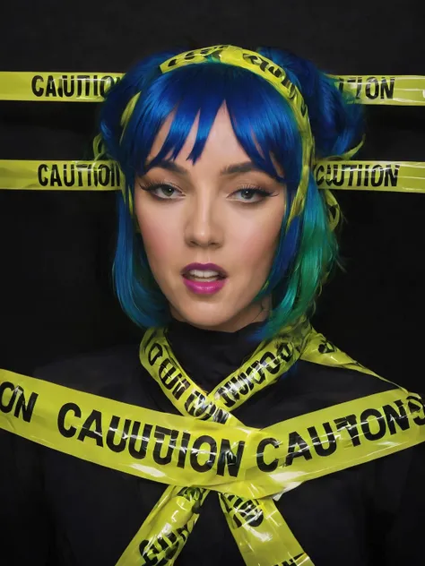 fashion photo of  a woman with colorful hair and a bow tie covered of tape, caution tape, keep out <lora:Tape_people:1>