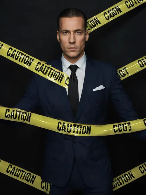 fashion photo of a man in a suit and tie poses for a picture covered of tape, caution tape, keep out <lora:Tape_people:1>