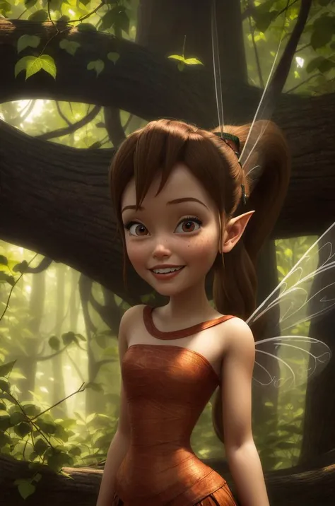masterpiece, 8k, perfect ligthing, adult, female, cowboy shot, looking at viewer, cinematic lighting, Fawn, (FawnWaifu:1.1), single ponytail, extra long ponytail, dress, (extra long white fairy wings), long wings, brown clothes, clothes made from leaves, brown hair, pointy ears, (detailled eyes), shrunken, trapped, smiling, blush, pixiedust, jungle, treehouse, two tone lighting,  <lora:fawnDisneyFairies_v10:0.8>