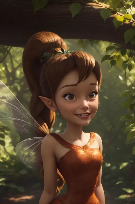 masterpiece, 8k, perfect ligthing, adult, female, cowboy shot, looking at viewer, cinematic lighting, Fawn, (FawnWaifu:1.1), single ponytail, extra long ponytail, dress, (extra long white fairy wings), long wings, brown clothes, clothes made from leaves, brown hair, pointy ears, (detailled eyes), shrunken, trapped, smiling, blush, pixiedust, jungle, treehouse, two tone lighting, <lora:fawnDisneyFairies_v10:0.8>