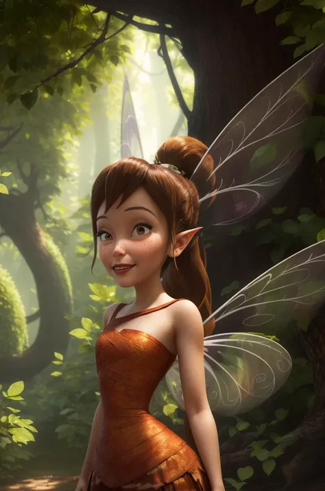 masterpiece, 8k, perfect ligthing, adult, female, cowboy shot, looking at viewer, cinematic lighting, Fawn, (FawnWaifu:1.1), single ponytail, extra long ponytail, dress, (extra long white fairy wings), long wings, brown clothes, clothes made from leaves, brown hair, pointy ears, (detailled eyes), shrunken, trapped, smiling, blush, pixiedust, jungle, treehouse, two tone lighting, <lora:fawnDisneyFairies_v10:0.8>
