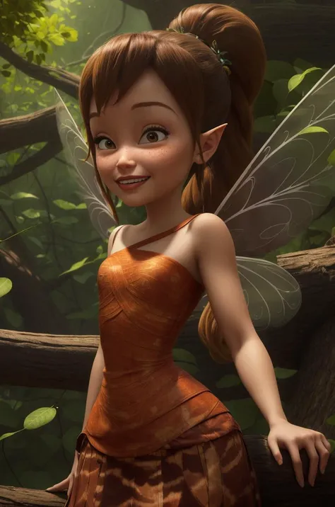 masterpiece, 8k, perfect ligthing, , adult, female, cowboy shot, looking at viewer, cinematic lighting, Fawn, (FawnWaifu:1.1), single ponytail, extra long ponytail, dress, (extra long white fairy wings), long wings, brown clothes, clothes made from leaves, brown hair, pointy ears, (detailled eyes), shrunken, trapped, (laughing:1.7), blush, pixiedust, jungle, treehouse, <lora:FawnTinkerbellDisney-08:0.6> <lora:realisticGlossyFaceSkin_rseromanticRsesofiko:0.3><hypernet:empty:0.5>