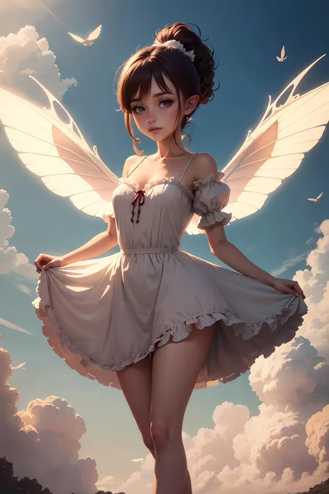 masterpiece, 8k, perfect lighting, adult, female, looking at viewer, cinematic lighting, full body shot,  Fawn, (FawnWaifu:1.1), (single twisted ponytail), (extra long ponytail), dress, (extra long white fairy wings), ((long wings)), brown clothes, clothes made from leaves, brown hair, pointy ears, detailed eyes, shrunken, (flying in sky), in the sky, flying in the air, clouds, blush, pixie dust,    <lora:FawnTinkerbellDisney-08:0.6>