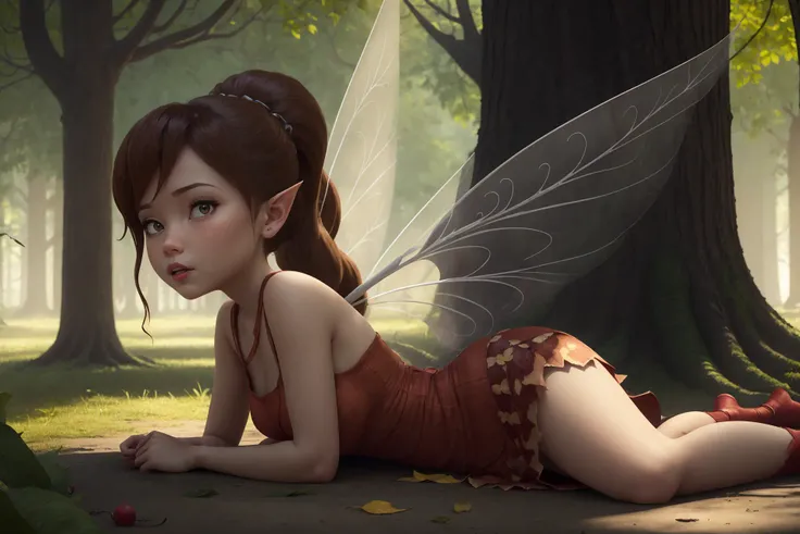 masterpiece, 8k, perfect ligthing, , adult, female, looking at viewer, cinematic lighting, Fawn, (FawnWaifu:1.1), single ponytail, extra long ponytail, dress, (extra long white fairy wings), long wings, brown clothes, clothes made from leaves, brown hair, pointy ears, (detailled eyes), shrunken, lying on side, lying on ground, legs in the air, trapped, blush, pixiedust, jungle, treehouse, <lora:FawnTinkerbellDisney-08:0.6> <lora:realisticGlossyFaceSkin_rseromanticRsesofiko:0.3><hypernet:empty:0.5>
