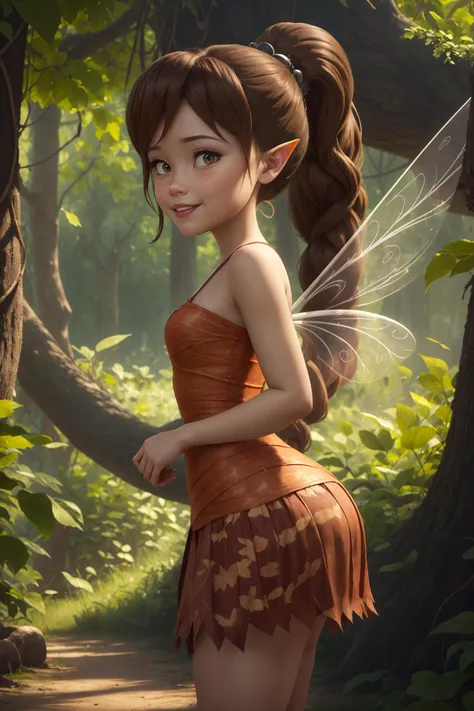 masterpiece, 8k, perfect ligthing, , adult, female, cowboy shot, looking at viewer, cinematic lighting, Fawn, (FawnWaifu:1.1), single ponytail, extra long ponytail, dress, (extra long white fairy wings), long wings, brown clothes, clothes made from leaves, brown hair, pointy ears, (detailled eyes), shrunken, trapped, smiling, blush, pixiedust, jungle, treehouse, <lora:FawnTinkerbellDisney-08:0.6> <lora:realisticGlossyFaceSkin_rseromanticRsesofiko:0.3><hypernet:empty:0.5>