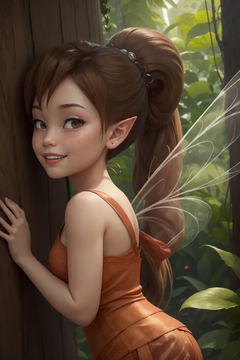 masterpiece, 8k, perfect ligthing, , adult, female, cowboy shot, looking at viewer, cinematic lighting, Fawn, (FawnWaifu:1.1), single ponytail, extra long ponytail, dress, (extra long white fairy wings), long wings, brown clothes, clothes made from leaves, brown hair, (pointy ears), (detailled eyes), shrunken, trapped, (smirk:1.3),  blush, ,  pixiedust, jungle, treehouse,  <lora:FawnTinkerbellDisney-08:0.6>  <lora:realisticGlossyFaceSkin_rseromanticRsesofiko:0.3><hypernet:empty:0.5>