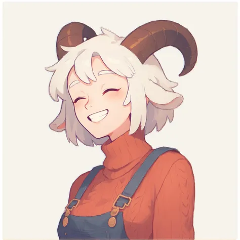 cute sheep woman, overalls, fluffy clouds, illustration, goat horns, textured sweater, lamby lumpkin has white hair, smile, closed eyes,
score_8_up,  <lora:last:1>,  <lora:Traditional_art_v4_USENEG:-1.0>, arms behind back, simple background, white outside border,  full body,