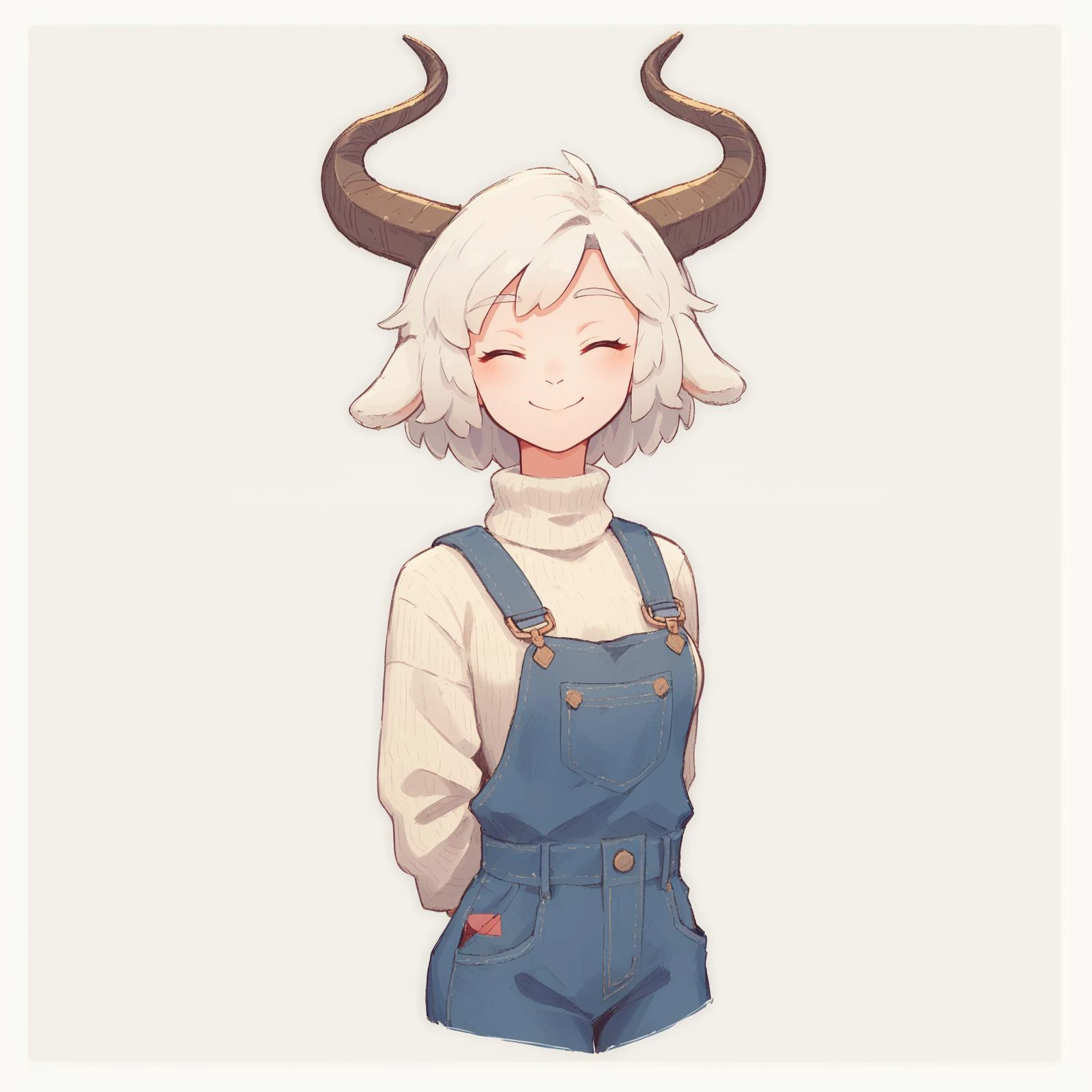 cute sheep woman, overalls, fluffy clouds, illustration, goat horns, textured sweater, lamby lumpkin has white hair, smile, closed eyes,
score_8_up, <lora:last:1>, <lora:Traditional_art_v4_USENEG:-1.0>, arms behind back, simple background, white outside border, full body,