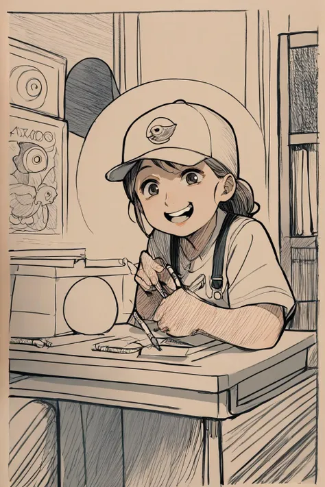 score_9, score_8_up, 1girl,  <lora:traditional_slider_v1_NEGWEIGHT:-0.8> , cap, child, desk, buck teeth, smiling, suspenders, crayons, source_anime