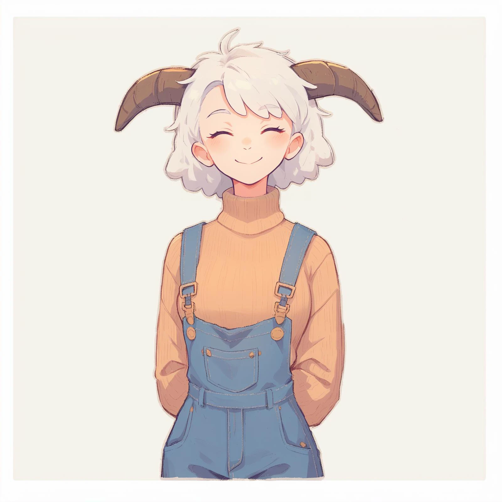 cute sheep woman, overalls, fluffy clouds, illustration, goat horns, textured sweater, lamby lumpkin has white hair, smile, closed eyes,
score_8_up, <lora:last:1>, <lora:Traditional_art_v4_USENEG:-1.0>, arms behind back, simple background, white outside border, full body,