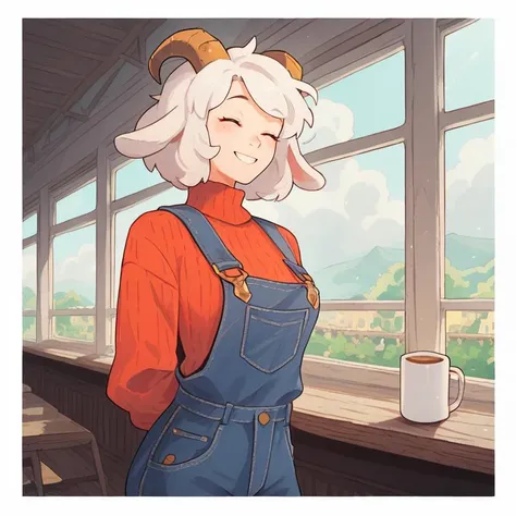 cute sheep woman, overalls, fluffy clouds, illustration, goat horns, textured sweater, lamby lumpkin has white hair, cafe, coffee mug, smile, closed eyes, 
score_8_up,  <lora:last:1>,  <lora:Traditional_art_v4_USENEG:-1.0>, arms behind back, simple background, white outside border,