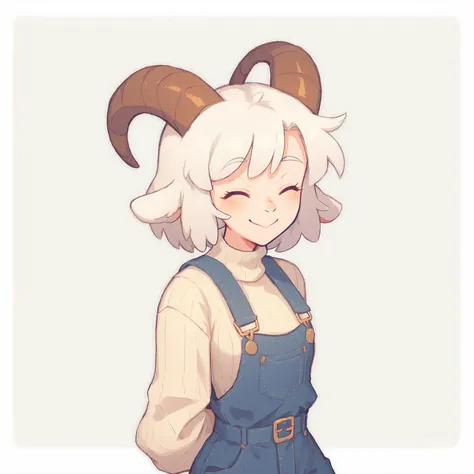 cute sheep woman, overalls, fluffy clouds, illustration, goat horns, textured sweater, lamby lumpkin has white hair, smile, closed eyes,
score_8_up,  <lora:last:1>,  <lora:Traditional_art_v4_USENEG:-1.0>, arms behind back, simple background, white outside border,  full body,