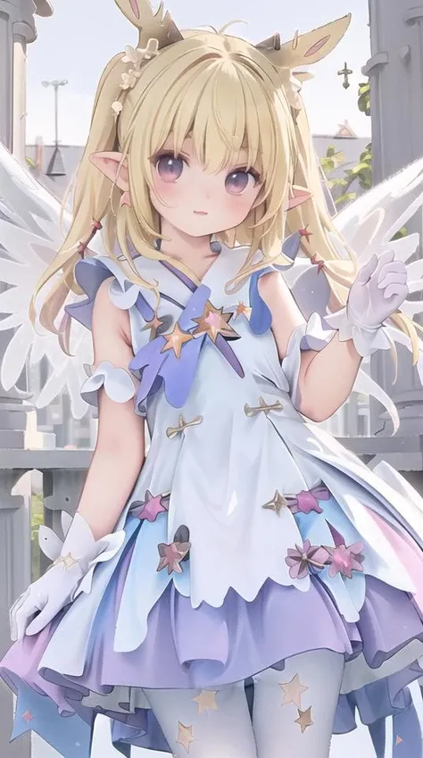 (masterpiece, best quality, ultra high res),
,detailed face,realistic, solo,looking at viewer, 1girl,yao shiyuan,blonde hair,dress,gloves,white pantyhose,pointy ears,star \(symbol\), outdoors, angel wings, above the thighhighs , <lora:yao shiyuan_20230709165537:1>