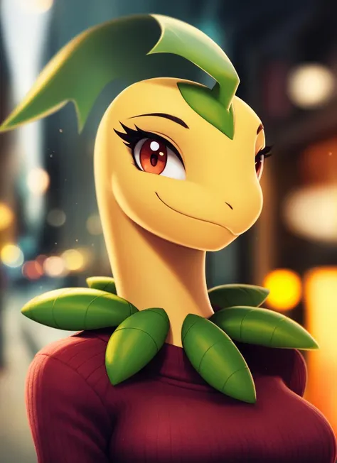 bayleef, furry female, anthro, portrait, sweater, solo, (best quality), (detailed urban background:1.2), dramatic lighting, (detailed leaf hair:1.1), looking at viewer, smile, <lora:bayleef-v1:1>