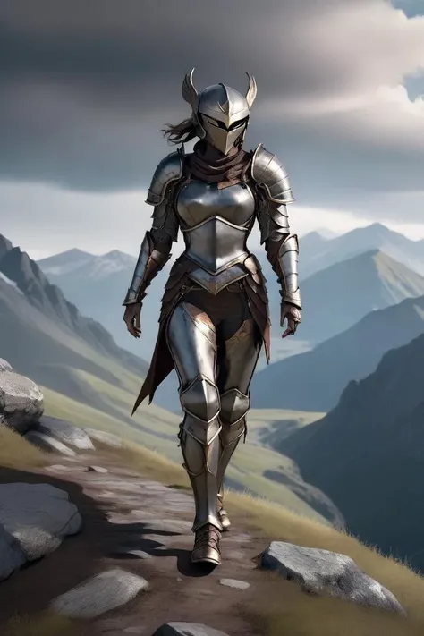 hxarmour,1 woman,(dark brown armour:1.1),mountain,walking,<lora:HXarmour_006XL:0.5>,