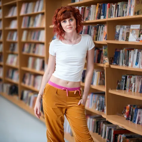 full body photo of a 20 year old woman with flat-chested breasts, caucasian than white skin, wearing a cutoff tshirt, wearing bell bottom (corduroy pants:1.1), short straight red hair with bangs, standing in a bookstore, Cannon EOS 5D MARK III, 50mm Sigma f/1.4 ZEISS lens, F1.4, 1/800s, ISO 100, photorealistic, navel, beautiful face, instagram, feminine face, happy expression