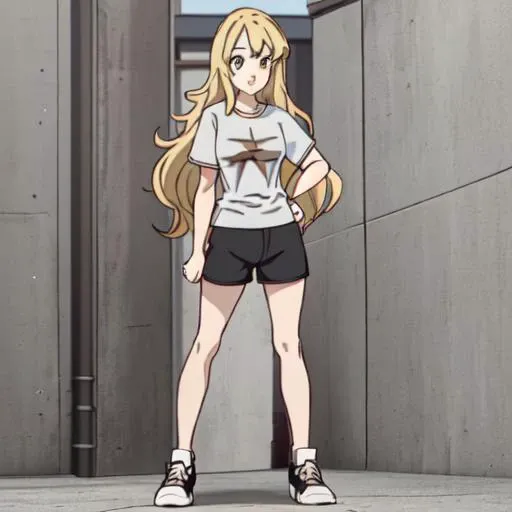 <lora:Karina_Lyle-10:1>Karina_Lyle, 1girl, solo, long hair, blonde hair, brown eyes, standing, shoes, shorts, sky-blue t-shirt, sneakers, black pants, standing, full body, hand on hip