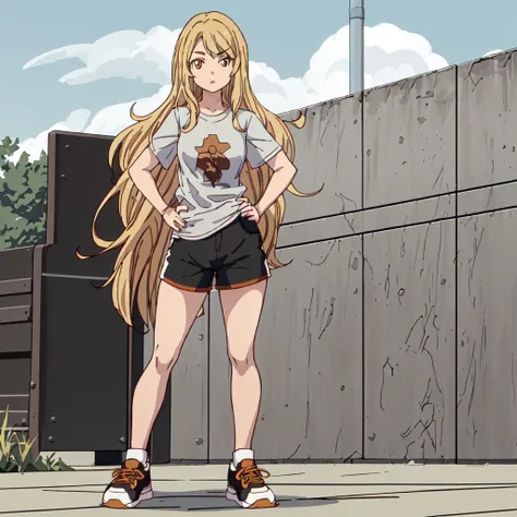 <lora:Karina_Lyle-10:1>Karina_Lyle, 1girl, solo, long hair, blonde hair, brown eyes, standing, shoes, shorts, sky-blue t-shirt, sneakers, black pants, standing, full body, hand on hip