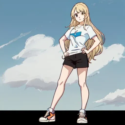 <lora:Karina_Lyle-10:1>Karina_Lyle, 1girl, solo, long hair, blonde hair, brown eyes, standing, shoes, shorts, Sky blue t-shirt, sneakers, black pants, standing, full body, hand on hip