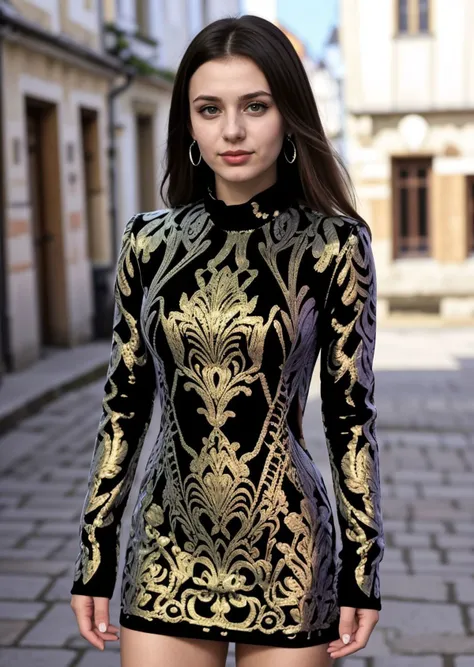 photo of a young ukrainian woman, wearing a () baroque-patterned longsleeve minidress <lora:CrunchyBanana_baroque_minidress:1>, standing in Historic Centre of Tallinn