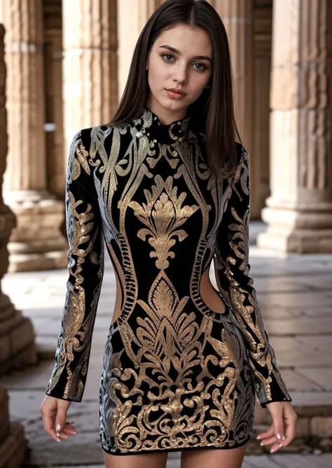 photo of a young ukrainian woman, wearing a () baroque-patterned longsleeve minidress <lora:CrunchyBanana_baroque_minidress:1>,  in Ruins of ancient Delphi